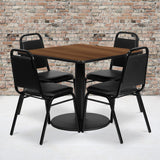 Commercial Grade 36'' Square Walnut Laminate Table Set with Round Base and 4 Trapezoidal Back Banquet Chairs