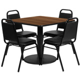 English Elm Commercial Grade 36'' Square Walnut Laminate Table Set with Round Base and 4 Trapezoidal Back Banquet Chairs