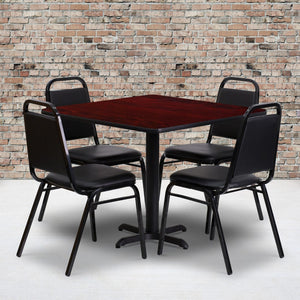 English Elm Commercial Grade 36'' Square Mahogany Laminate Table Set with X-Base and 4 Trapezoidal Back Banquet Chairs