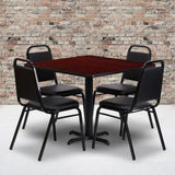 Commercial Grade 36'' Square Mahogany Laminate Table Set with X-Base and 4 Trapezoidal Back Banquet Chairs