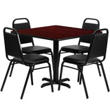 English Elm Commercial Grade 36'' Square Mahogany Laminate Table Set with X-Base and 4 Trapezoidal Back Banquet Chairs