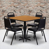 Commercial Grade 36'' Square Natural Laminate Table Set with X-Base and 4 Trapezoidal Back Banquet Chairs