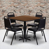 English Elm Commercial Grade 36'' Square Walnut Laminate Table Set with X-Base and 4 Trapezoidal Back Banquet Chairs