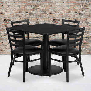 English Elm Commercial Grade 36'' Square Laminate Table Set with Round Base and 4 Ladder Back Metal Chairs - Vinyl Seat