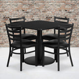 Commercial Grade 36'' Square Laminate Table Set with Round Base and 4 Ladder Back Metal Chairs - Vinyl Seat