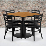 Commercial Grade 36'' Square Natural Laminate Table Set with Round Base and 4 Ladder Back Metal Chairs - Vinyl Seat