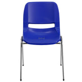 English Elm Commercial Grade Series 440 lb. Capacity Kid's Navy Ergonomic Shell Stack Chair with Chrome Frame and 14" Seat Height