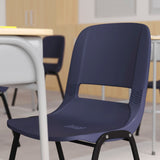 English Elm Commercial Grade 661 lb. Capacity Navy Ergonomic Shell Stack Chair with Black Frame and 16'' Seat Height