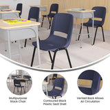 English Elm Commercial Grade 661 lb. Capacity Navy Ergonomic Shell Stack Chair with Black Frame and 16'' Seat Height