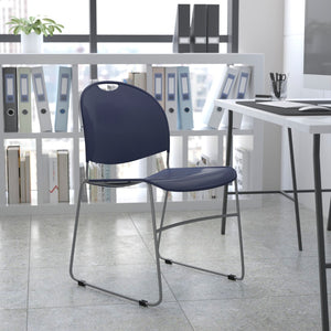 English Elm Commercial Grade Series 880 lb. Capacity Navy Ultra-Compact Stack Chair with Silver Powder Coated Frame