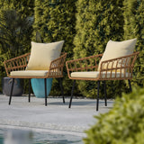 English Elm Evin - Set of 2 Boho Indoor/Outdoor Rope Rattan Wicker Patio Chairs with Cream All-Weather Cushions, Natural