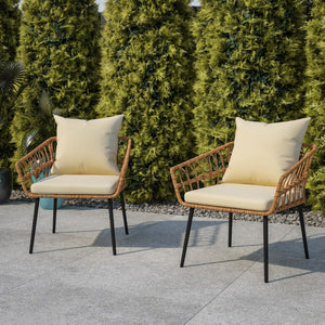 English Elm Evin - Set of 2 Boho Indoor/Outdoor Rope Rattan Wicker Patio Chairs with Cream All-Weather Cushions, Natural