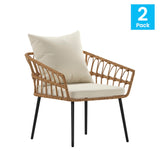 English Elm Evin - Set of 2 Boho Indoor/Outdoor Rope Rattan Wicker Patio Chairs with Cream All-Weather Cushions, Natural