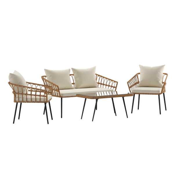 English Elm Evin Boho 4 Piece Indoor/Outdoor Rope Rattan Patio Conversation Set with Tempered Glass Top Coffee Table and Cream Cushions, Natural