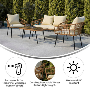 English Elm Evin Boho 4 Piece Indoor/Outdoor Rope Rattan Patio Conversation Set with Tempered Glass Top Coffee Table and Cream Cushions, Natural