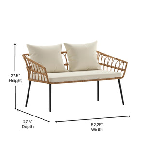 English Elm Evin Boho 4 Piece Indoor/Outdoor Rope Rattan Patio Conversation Set with Tempered Glass Top Coffee Table and Cream Cushions, Natural