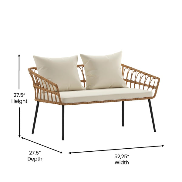English Elm Evin Boho 4 Piece Indoor/Outdoor Rope Rattan Patio Conversation Set with Tempered Glass Top Coffee Table and Cream Cushions, Natural
