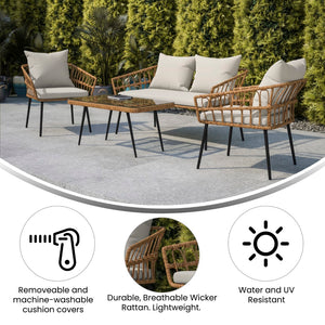 English Elm Evin Boho 4 Piece Indoor/Outdoor Rope Rattan Patio Conversation Set with Tempered Glass Top Coffee Table and Cushions, Natural
