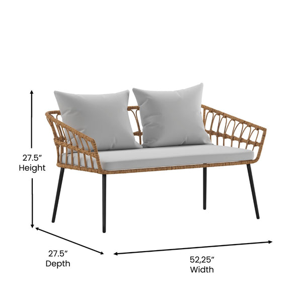 English Elm Evin Boho 4 Piece Indoor/Outdoor Rope Rattan Patio Conversation Set with Tempered Glass Top Coffee Table and Cushions, Natural