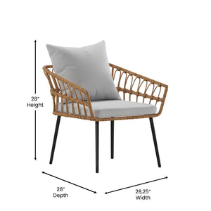 English Elm Evin Boho 4 Piece Indoor/Outdoor Rope Rattan Patio Conversation Set with Tempered Glass Top Coffee Table and Cushions, Natural