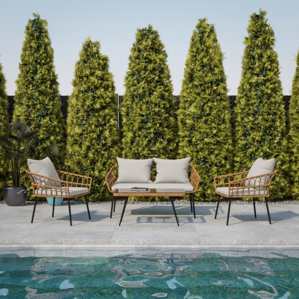 English Elm Evin Boho 4 Piece Indoor/Outdoor Rope Rattan Patio Conversation Set with Tempered Glass Top Coffee Table and Cushions, Natural