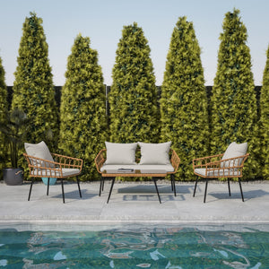 English Elm Evin Boho 4 Piece Indoor/Outdoor Rope Rattan Patio Conversation Set with Tempered Glass Top Coffee Table and Cushions, Natural