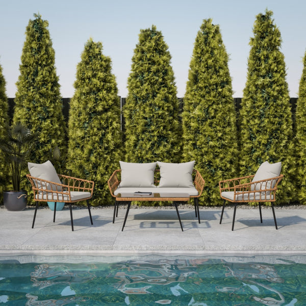 English Elm Evin Boho 4 Piece Indoor/Outdoor Rope Rattan Patio Conversation Set with Tempered Glass Top Coffee Table and Cushions, Natural