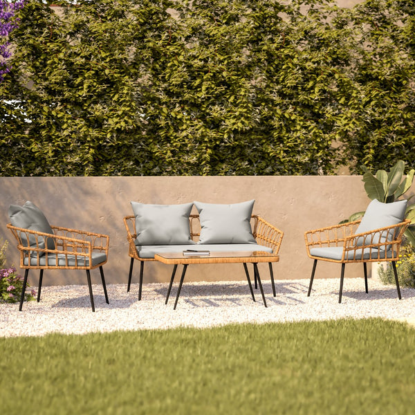 English Elm Evin Boho 4 Piece Indoor/Outdoor Rope Rattan Patio Conversation Set with Tempered Glass Top Coffee Table and Cushions, Natural