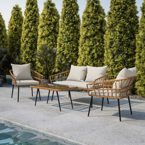 English Elm Evin Boho 4 Piece Indoor/Outdoor Rope Rattan Patio Conversation Set with Tempered Glass Top Coffee Table and Cushions, Natural