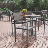 Commercial Grade Commercial Grade Patio Chair with Arms, Stackable Side Chair with Faux Teak Poly Slats and Metal Frame, /