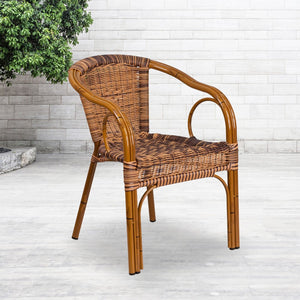 English Elm Commercial Grade Cadiz Series Burning Rattan Restaurant Patio Chair with Dark Red Bamboo-Aluminum Frame