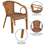 English Elm Commercial Grade Cadiz Series Burning Rattan Restaurant Patio Chair with Dark Red Bamboo-Aluminum Frame