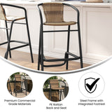 English Elm Commercial Grade Commercial Grade Indoor-Outdoor PE Rattan Restaurant Barstool with Black Aluminum Frame and Footrest