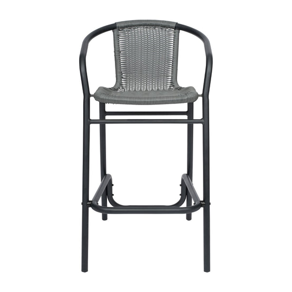 English Elm Commercial Grade Commercial Grade Indoor-Outdoor PE Rattan Restaurant Barstool with Black Aluminum Frame and Footrest