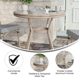 English Elm Commercial Grade Indoor/Outdoor Commercial French Bistro 31.5" Table, /White Textilene, Glass Top, Bamboo Print Aluminum Frame in Light Natural