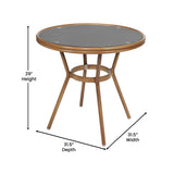 English Elm Commercial Grade Indoor/Outdoor Commercial French Bistro 31.5" Table, Textilene, Glass Top with 2 Stack Chairs - Natural Frame