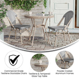 English Elm Commercial Grade Indoor/Outdoor Commercial French Bistro 31.5" Table, /White Textilene, Glass Top with 2 Stack Chairs - Light Natural