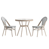 English Elm Commercial Grade Indoor/Outdoor Commercial French Bistro 31.5" Table, /White Textilene, Glass Top with 2 Stack Chairs - Light Natural