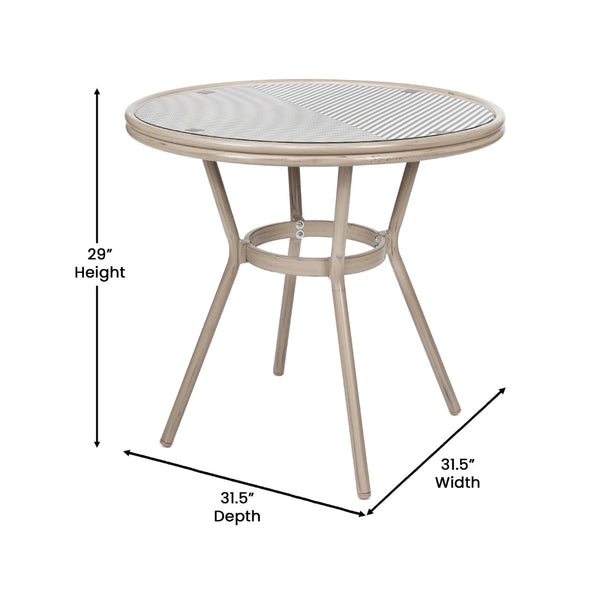 English Elm Commercial Grade Indoor/Outdoor Commercial French Bistro 31.5" Table, /White Textilene, Glass Top with 4 Stack Chairs - Light Natural