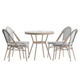 English Elm Commercial Grade Indoor/Outdoor Commercial French Bistro 31.5" Table, /White Textilene, Glass Top with 4 Stack Chairs - Light Natural