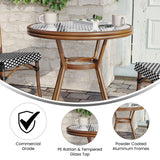 English Elm Commercial Grade Indoor/Outdoor Commercial French Bistro 31.5" Table, and White PE Rattan, Glass Top, Bamboo Print Aluminum Frame in Natural