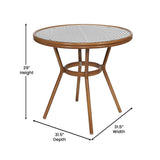 English Elm Commercial Grade Indoor/Outdoor Commercial French Bistro 31.5" Table, and White PE Rattan, Glass Top, Bamboo Print Aluminum Frame in Natural