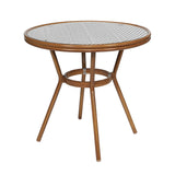 English Elm Commercial Grade Indoor/Outdoor Commercial French Bistro 31.5" Table, and White PE Rattan, Glass Top, Bamboo Print Aluminum Frame in Natural