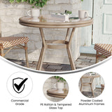 English Elm Commercial Grade Indoor/Outdoor Commercial French Bistro 31.5" Table, /White PE Rattan, Glass Top, Bamboo Print Aluminum Frame in Light