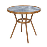 English Elm Commercial Grade Indoor/Outdoor Commercial French Bistro 31.5" Table, Navy and White PE Rattan, Glass Top, Bamboo Print Aluminum Frame in Natural