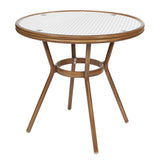 English Elm Commercial Grade Indoor/Outdoor Commercial French Bistro 31.5" Table, White and PE Rattan, Glass Top, Bamboo Print Aluminum Frame in Natural