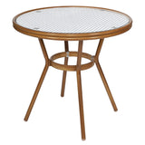 English Elm Commercial Grade Indoor/Outdoor Commercial French Bistro 31.5" Table, White and Navy PE Rattan, Glass Top, Bamboo Print Aluminum Frame in Natural