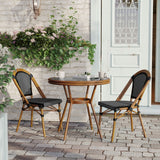 English Elm Commercial Grade Indoor/Outdoor Commercial French Bistro 31.5" Table, and White PE Rattan, Glass Top with 2 Stack Chairs