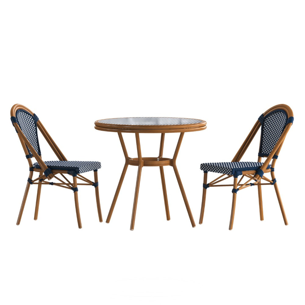 English Elm Commercial Grade Indoor/Outdoor Commercial French Bistro 31.5" Table, Navy and White PE Rattan, Glass Top with 2 Stack Chairs - Natural Frame