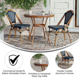 English Elm Commercial Grade Indoor/Outdoor Commercial French Bistro 31.5" Table, Navy and White PE Rattan, Glass Top with 2 Stack Chairs - Natural Frame